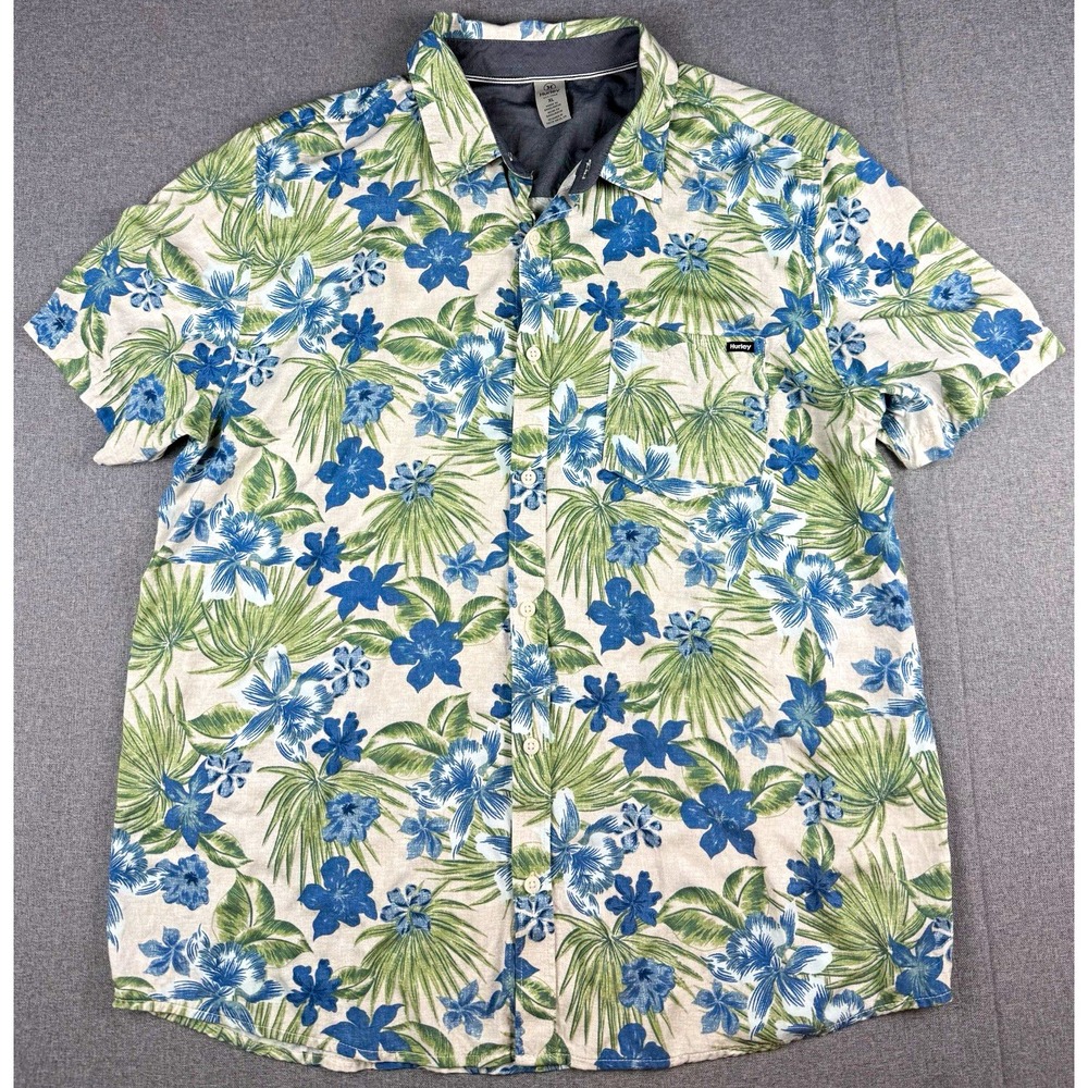 Hurley Hawaiian Shirt Mens XL Blue Green Floral Tropical Rayon Camp Button Up